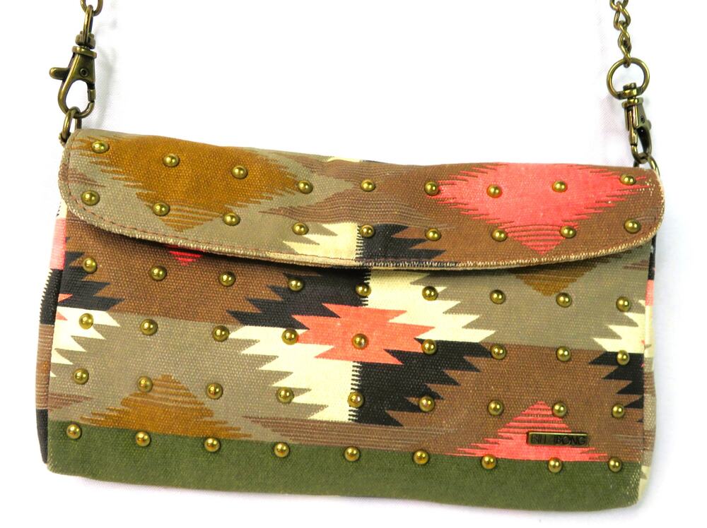 BILLABONG Aztec Print Fabric Studded Crossbody Bag w/ Chain Strap